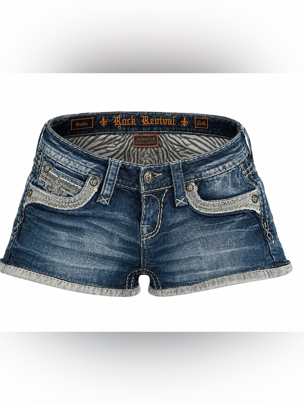 Rock Revival Women’s Blue Distressed Denim Shorts with Embroidered Pockets